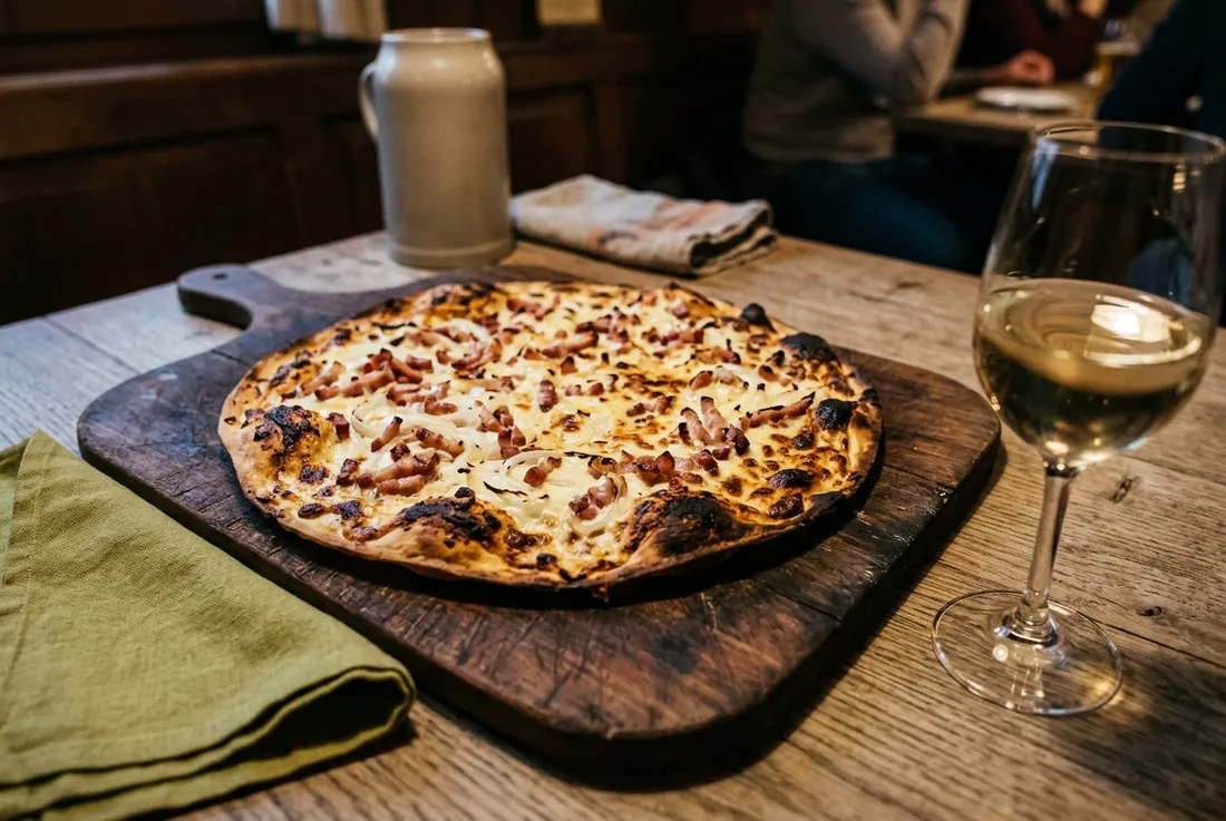 Une tarte flambée sur une planche en bois