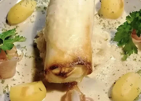Croustillant de sandre, pommes de terre et sauce crème
