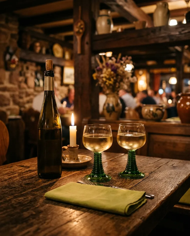 Une bouteille de vin blanc et deux verres à pied vert